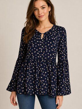 Copper Key Navy Floral Bell Sleeve Peplum Blouse Women’s S